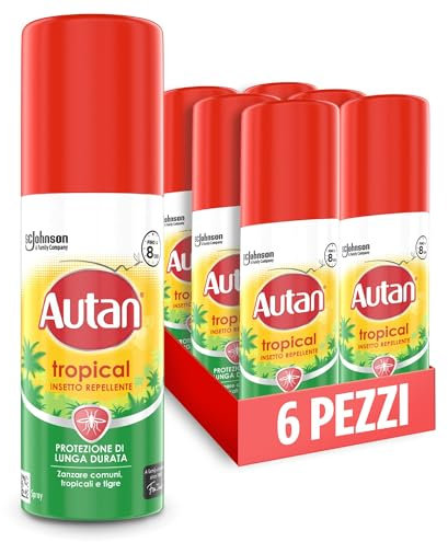 Autan Tropical Mini Spray Antizanzare Forte, Repellente Zanzare Azione Protettiva Duratura, Fino a 8h di protezione, Per Viaggi in Luoghi Tropicali, Efficace contro Virus West Nile, 6 Conf. da 50 ml