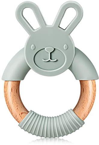 Nuanchu Bunny Baby Teething Toys, Baby Bunny Ring, Wooden Baby Toys 0-24 Months, Silicone Freezer Teethers for Babies, Teether Toy Newborn Boy Girl Easter Gifts Sensory Development Soothe (Gray Green)