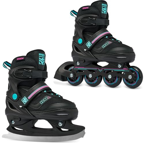 RAVEN Inline Skates Inliner für Kinder und Erwachsene OPTIONAL 2in1 mit Schlittschuhen verstellbar (Drill Mint/Pink mit Kufen, 34-37 (21,5cm-24cm))