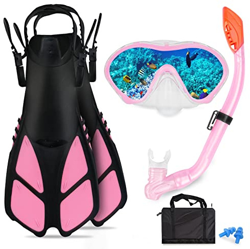 AosDero Kids Snorkeling Set with Flippers Panoramic Snorkel Mask Dry Top Snorkel Earplugs Gear Bag,Snorkeling Gear for Kids,Youth,Boys and Girls Age 5-12
