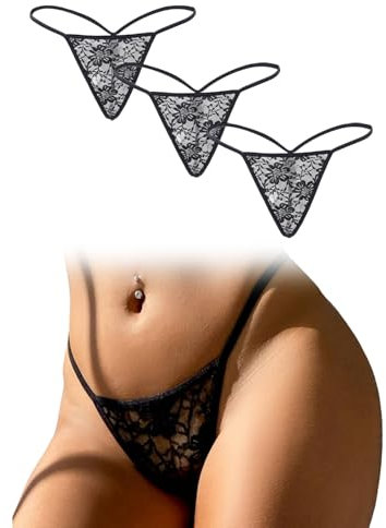 comeondear Micro String Tanga Sexy Dünn Damen Spitze Slip Mini Thong T Back Große Größen Brazilian Unterwäsche für Mollige Frauen Unterhosen Transparent Mesh G-String Niedrige Taille(Schwarz,XXL)