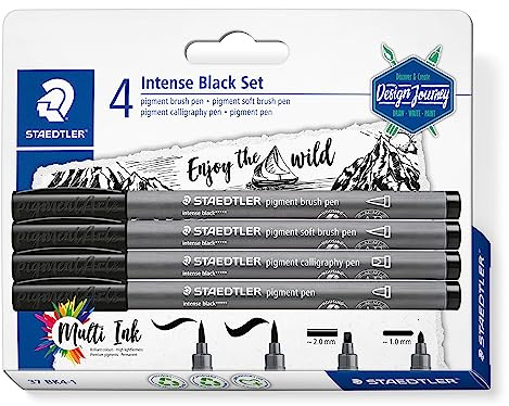STAEDTLER - Pigment Art brush 37 - Blister 4 feutres noirs pointe pinceau, pointe pinceau soft, pointe calligraphie et pointe ogive - 37 BK4-1