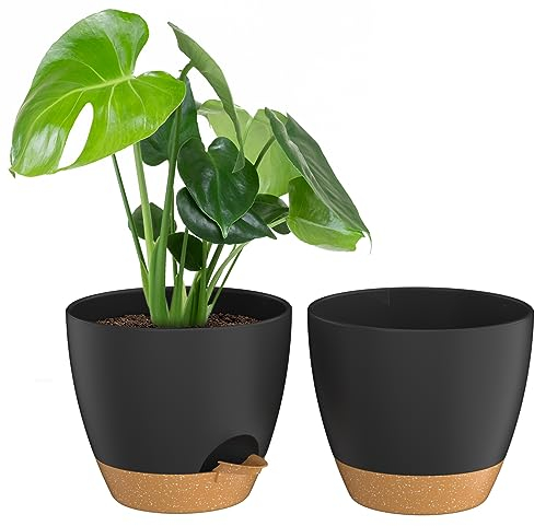 ZMTECH Lot de 2 pots de fleurs, 20 cm, avec lèvre d'irrigation, trous de drainage et soucoupe amovible, en plastique, pour l'intérieur et l'extérieur, noir
