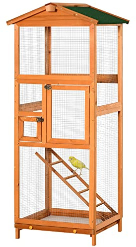 PawHut Jaula para Pájaros Exterior 68x63x165 cm Pajarera de Madera de Abeto con 2 Puertas Bandeja Extraíble y Techo Asfáltico Matural