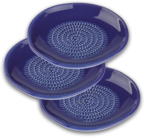 TURBO PRODUKTE Rallador de cerámica, ideal para jengibre, ajo y limones, apto para lavavajillas, plato rallador de estilo mediterráneo, azul oscuro, 3 unidades