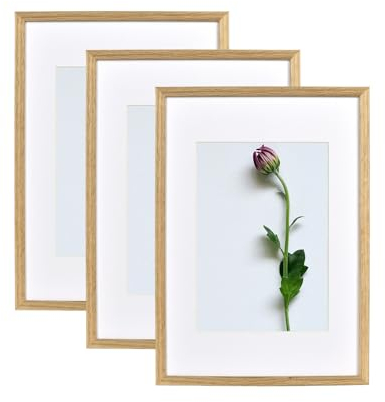 Atryinous Lot de 3 cadres photo A3 en bois de chêne 29,7 x 42 cm, avec verre Acrylglas, avec passe-partout, pour photos A4, 21 x 30 cm, à suspendre verticalement ou horizontalement, à poser pour