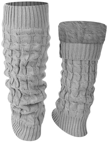 Shihanee Winter Fleece Lined Leg Warmers for Women Light Gray Cable Knit