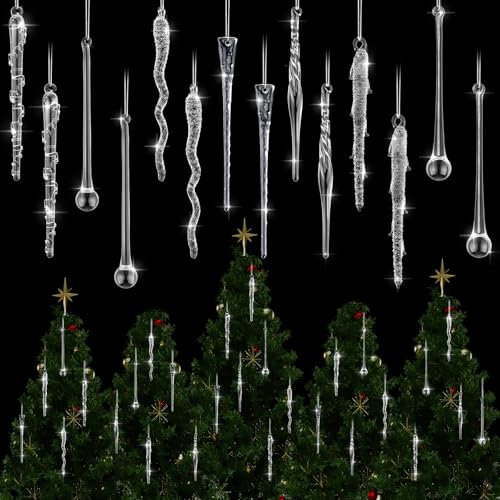 Vercraft 16 Pcs Glass Icicle Teardrops Ornament for Christmas Tree Crystal Handmade Clear Icicles Hanging Icicle Winter Decoration for Xmas Winter Holiday Wedding Party Decor (5.9 Inches)
