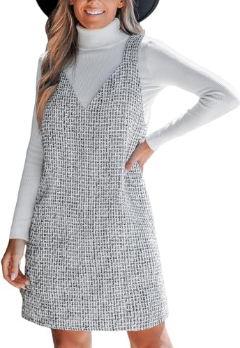 CUPSHE Damklänning Klänning tweed V-ringad ärmlös höst fritidsklänningar glänsande hängslen ledig hängselklänning miniklänning, Svart/vit, M