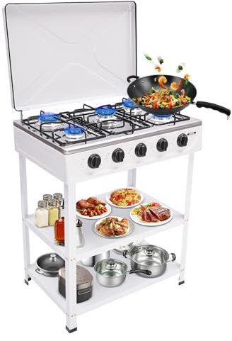 Cuisinière à gaz autoportante, brûleur d'extérieur pour cuisiner, 5 brûleurs, cuisinière à gaz portable, commande indépendante, brûleur au propane, 2,5 kW, 25 x 17 x 32 pouces (blanc)