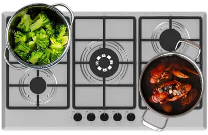 Avilia Placa de cocción de 5 quemadores de gas de 90 cm de acero inoxidable con rejillas de hierro fundido, cocina a gas profesional para casa