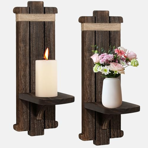 Farmhouse Wooden Candle Sconces - 2 Pcs Rustic Wall-Mount Candle Holders for Living Room, Bedroom, Bathroom, Hallway – Vintage Handcrafted Wooden Wall Decor, Brown – Ideal Home Decor & Gifts