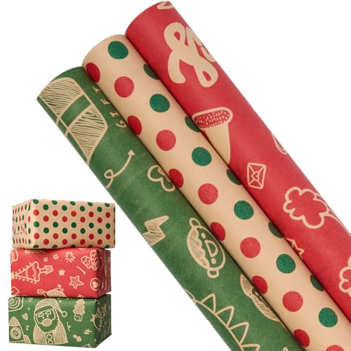3 rollos de papel kraft para envolver regalos, 43 cm x 3 m, estampado en rojo y verde con puntos para Navidad, cumpleaños, fiestas, bodas, baby showers y otras ocasiones especiales