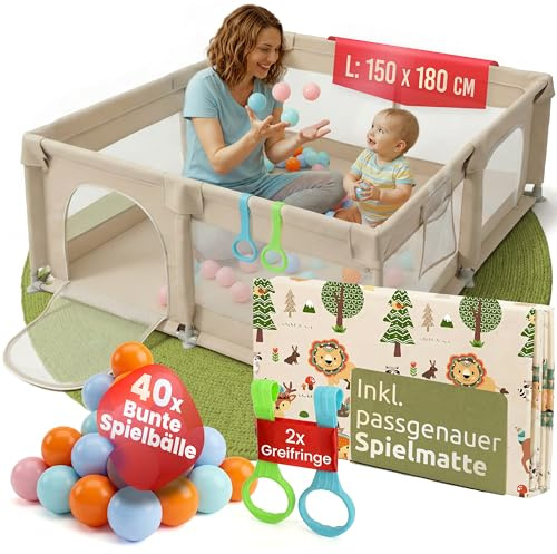 Mallie® Laufstall Baby 150x180cm Beige inkl. Matte & 40 Bälle – Laufgitter mit Leinen Gewebe, Playpen, Kinder-Zaun, ställe & Play Pen, in 15-Min Aufgebaut mit Video-Anleitung