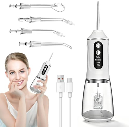 Irrigador bucal ganador de la prueba 2025, irrigador bucal inalámbrico con 3 modos, 380 ml Water Flosser con 4 boquillas, IPX7 resistente al agua y recargable por USB, eliminador de sarro portátil