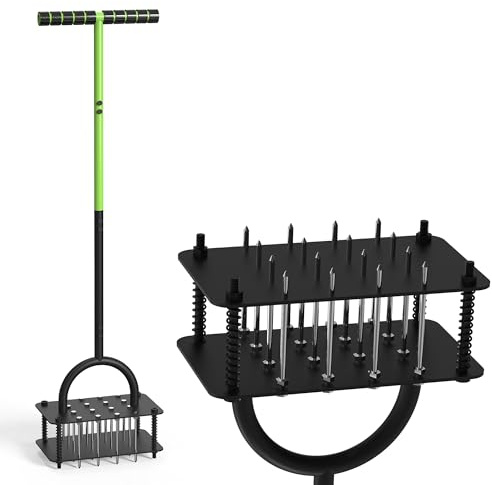 STEELITE Lawn Aerator Manual Tool with 16 Spikes, Metal Grass Aerator for Yard, Lawn Aeration, Automatic Dirt Clean for Soil Loosening & Yard Aeration, Pre-Assembled Lawn Aerator Tool (Black Green)