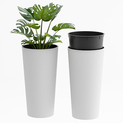 Plana Blumentopf Wave Hoch Rund – 2er Set Pflanzkübel aus Polypropylen mit Innentopf, UV- & wetterfest, für Innen & Außen, (Weiss, 25x46,5h cm)