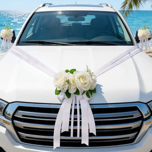 Alaoo Kit Decoración Coche Boda,3PCS Rosas Flores Artificiales Blancas con Ventosas y 4 Lazos Cintas, Lujo Romántico Decoración Coche Boda para San Valentín, Bodas,Fiestas Sorpresa