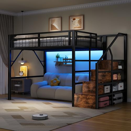 Cama alta de metal de 140 x 200 cm con luz LED, cama doble alta para debajo de la cama, escalera de seguridad con espacio de almacenamiento, color negro (colchón no incluido)