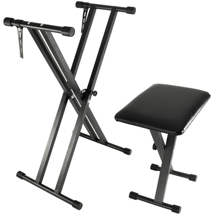TINMAGI Set Supporto per Tastiera e Sgabello, Doppio X‑Frame, Panchetta Imbottita Regolabile in 4 Posizioni, Stabile e Pieghevole, Cinghie Di Fissaggio Inclusi, Colore Nero