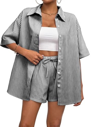 Rayson Conjunto de Mujer Dos Piezas a Rayas Verano Conjuntos Camisa Corto Oversize y Shorts de Cordón Completo Chandal para Casual Playa Trabajo