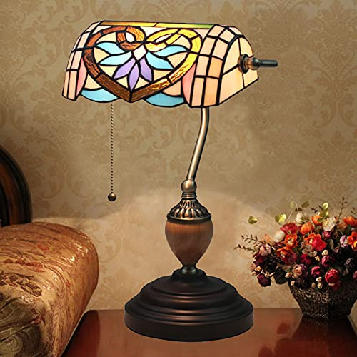 Vintage bankirlampa, bord, pianolampa, skrivbord, antik legeringsbas, nattlampa för sovrum, vardagsrum, målat glas (färg: grön) (påsklilja A)