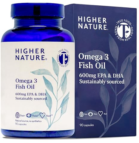 Higher Nature Omega 3 1000mg Fish Oil Capsules - 90 Capsules | True Food® Formula, Eye Health & Brain, 180mg EPA, 120mg DHA