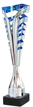 tecnocoppe Coppa in ABS Argentato e Blu Altezza 35,00 cm con Base in Marmo Nero. Targhetta Personalizzata Omaggio Premiazioni Moderne economiche Sportive Trofeo