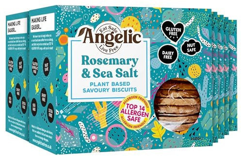 Angelic Free from 8 Pack Vegan Rosemary & Sea Salt Savoury Crackers. Multipack Gluten & Allergen Free Snack Biscuits. Low Calorie Plant Based Snacking for Cheese, Dip, Houmous & Snacks (8 x 142g)