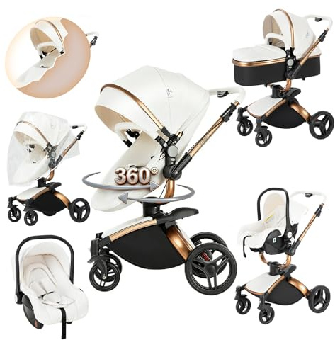 Prokoke Cuir PU Poussette 3 en 1, Poussette Bebe avec Siège Réglable Rotation à 360°, Pousette 3 en 1 avec Alliage d'aluminium à Cadre, Poussette Canne avec Conception Pliable en Un Clic (906 White)