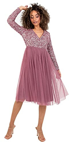 Maya Deluxe Damen Womens Ladies Wedding Guest Midi Dress Long Sleeve Plunging Neckline V Neck Sequin Embellished Graduation Brautjungfernkleid, Desert Rose, 16