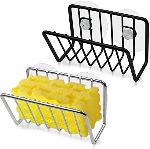 AFUNTA Stainless Steel Sink Basket Storage Rack, 2 Pcs with 4 Suction Cups, for Sponge, Soap, Scrubber