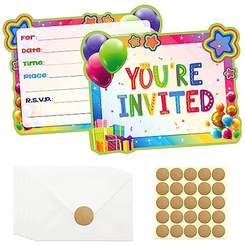 GOGOPARTY 20 Pcs Rainbow Birthday Invitations, Rainbow Party Invitations Color Birthday Party Invitation Cards With Sticker Labels 20 Envelope Birthday Invitations for Birthday Party Supplies