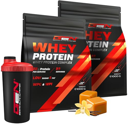 2 kg Whey Protein Komplex + Premium Shaker - Mit Isolate Anteil - Instant lösliches Eiweiss Protein Pulver mit BCAA & EAA - German Elite Nutrition - (2 x 1000 g Vanille Toffee)