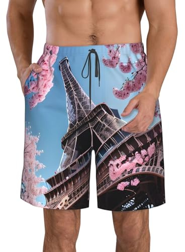 Peinture à l'huile Paris Tour Eiffel Imprimé Hommes Casual Short Taille Élastique Cordon de serrage Été Plage Séchage Rapide Maillot de bain, white-417, L