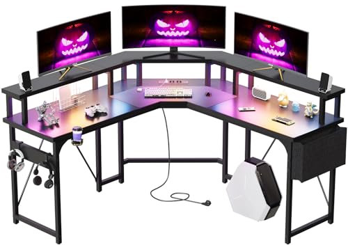 Devoko 153x153 cm Gaming Schreibtisch mit LED, groß Gaming Tisch L Form mit 2 Steckdosen und 2 USB Ladeanschluss, Eckschreibtisch PC Tisch mit großzügiger Monitorablage, Mattes Schwarz