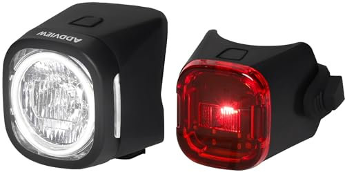 ADDVIEW Twins LED cykelljus set StVZO-godkänd – 40 lux framljus och bakljus – USB-C uppladdningsbar – IP65 vattentät – verktygsfri montering – cykelbelysning batteri
