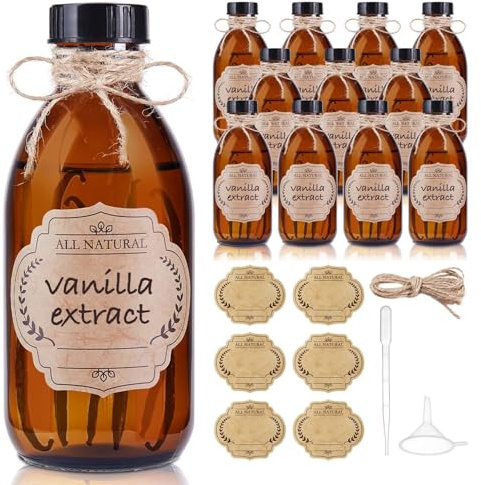 12 Pack, 8 OZ Amber Glass Bottles with Caps Leakproof Refilllable Empty Brown Boston Sample Dispensing Bottles for Homemade Vanilla Extract, Essential Oils, Potion, Juice, Ginger Shots, Liquids