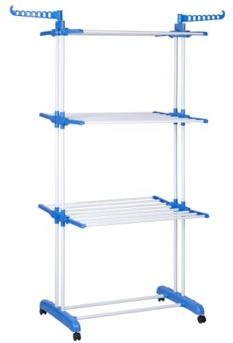 T-LOVENDO.ES Tendedero Vertical Plegable De Alta Capacidad de Ropa - 4 Niveles con Barras de Acero Inoxidable con Dos Alas Laterales Amplio Espacio para Secar. Ruedas Incluidas. Azul.
