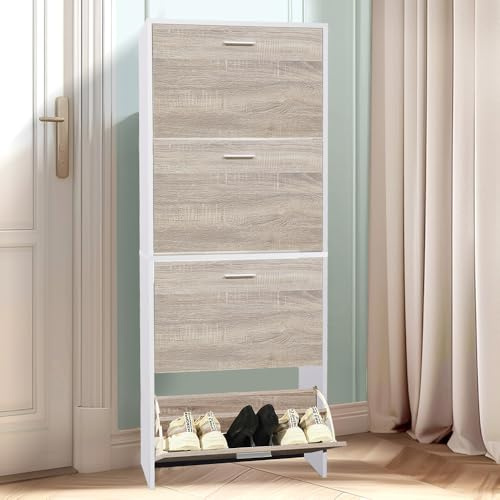 CASABEL, Mueble de Almacenamiento de Zapatos para vestíbulo con Gran Capacidad, 24 Pares, 60 x 24 x 150 cm, Puertas de Madera Clara, Marco Blanco