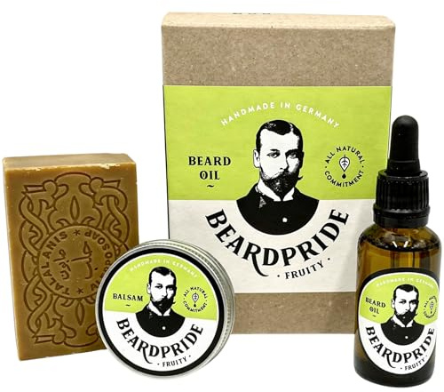 Beardpride® Bartpflege Set für Männer | Bartöl + Bartbalsam + Bartseife | Das perfekte Herren Geschenk Set für Bart und Haut | Handgefertigt aus 100% kaltgepressten Bio Ölen | Von Barbieren empfohlen