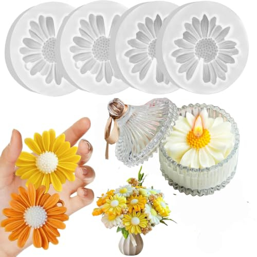 4 moldes de silicona para velas,diseño de margaritas en 3D,Moldes De Silicona 3D,Para Hacer V elas Y Jabón,Moldes Para Manualidades,con forma de margaritas de silicona,para hacer vela s y jabón