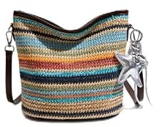 Cymwer Women Summer Straw Crossbody Purse with PU Adjustable Strap Travel Bucket Bag for Beach Vacation Travel