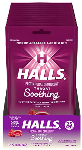 HALLS Throat Soothing Cool Berry Throat Drops, 12 Bags of 25 (300 Total Drops)