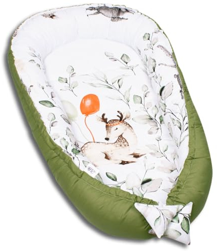 PaLulli Kuschelnest 2-seitig Babynest Babynestchen Baby Nest Nestchen Reisebett Wickelauflage Kuschelbett, Kokon Kokon für Babybett - Babys und Säuglinge, 100% Baumwolle Oeko TEX (Bambi Grüne)