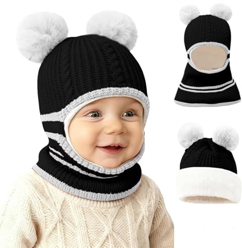 JFAN 2 en 1 Bonnet Bebe Fille Garcon Cagoule Enfant Chaud Chapeau Hiver Bebe Doublé en Polaire Laine Multicolore Beanie Noir