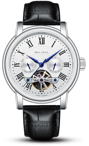 SEA-GULL Men's Automatic Watch ST2502 Mechanical Wrist Watch with Multi-Function Calendar, Hollow Flywheel, 50M Waterproof Sapphire Crystal, Leather Strap