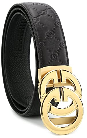 KLWINO Mens Soft Leather Automatic Buckle Ratchet Belt Adjustable Length, Embossing: black gold, 20-44 inches