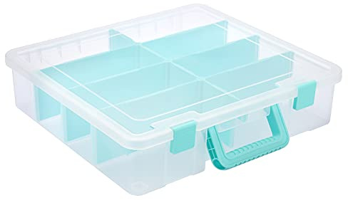 BTSKY Clear Plastic Dividing Storage Box with 8 Compartments Adjustable Storage Bin with Lid Portable Craft Storage Container Multipurpose Sewing Box Art Supply Organizer, 15.1x13.9x3.5 Inches