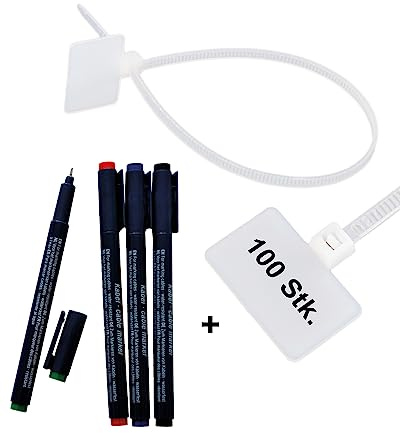tsnetworks Lot de 100 serre-câbles avec champ d'étiquetage et 4 marqueurs de câble, marqueur de câble 8407, noir, bleu, rouge, vert, étiquetage de tuyau, marquage de câble